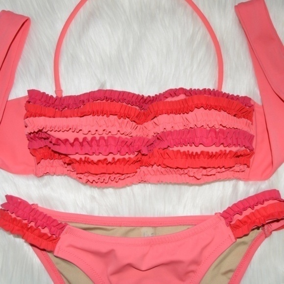 Victoria’s Secret Pink & Red Ruffle Bandeau Bikini XS Bottom Medium Top - Picture 1 of 8
